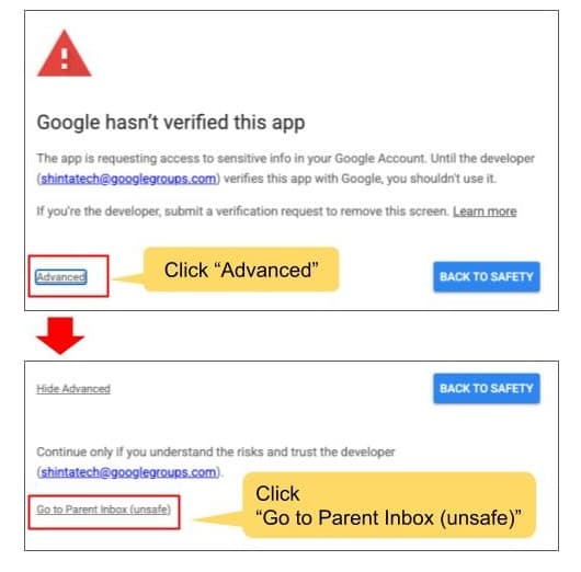 Google warning instructions: select Advanced, then select Go to Parent Inbox